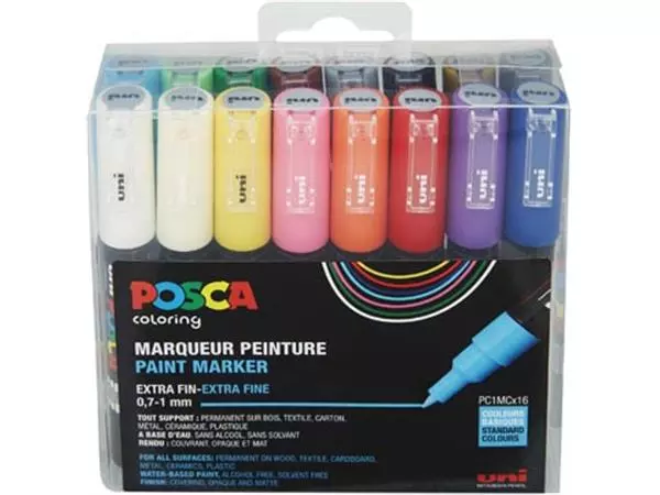Een Posca paintmarker 1MC, extra-fijne punt, assorti, etui met 16 stuks koop je bij ShopXPress