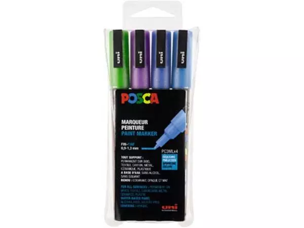 Een Posca paintmarker PC-3M, set van 4 markers, glitter, paars-groen-lichtblauw-donkerblauw koop je bij ShopXPress