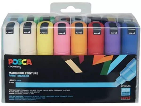 Een Posca paintmarker PC-8K, etui met 16 stuks in geassorteerde kleuren koop je bij ShopXPress