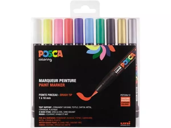 Een Posca paintmarker PCF-350, brush tip, étui van 10 stuks, assorti koop je bij ShopXPress