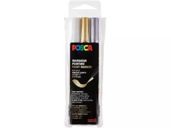 Een Posca paintmarker PCF-350, brush tip, étui van 3 stuks, assorti (goud, zilver en wit) koop je bij ShopXPress