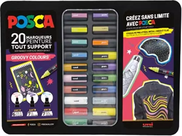 Een Posca paintmarkers, metalen doos van 20 stuks, assorti, ontwerp Groovy Colours koop je bij ShopXPress