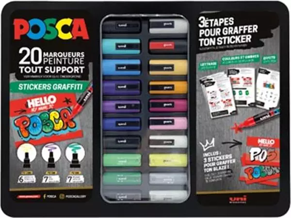 Een Posca paintmarkers, metalen doos van 20 stuks, assorti, ontwerp Stickers Graffiti koop je bij ShopXPress