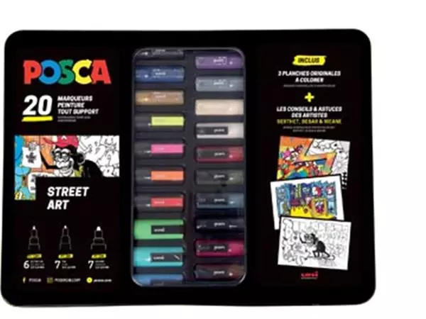 Een Posca paintmarkers, metalen doos van 20 stuks, in geassorteerde kleuren, ontwerp Street art koop je bij ShopXPress