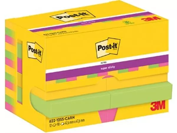 Een Post-It Super Sticky Notes Carnival, 90 vel, ft 47,6 x 47,6 mm, pak van 12 blokken koop je bij ShopXPress