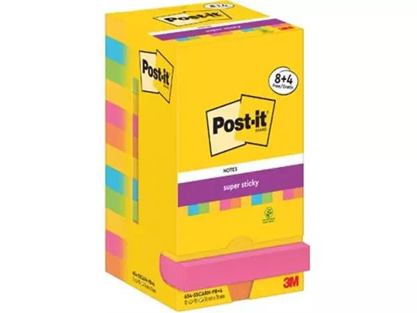 Een Post-It Super Sticky Notes Carnival, 90 vel, ft 76 x 76 mm, 8 + 4 GRATIS koop je bij ShopXPress
