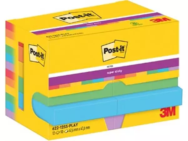 Een Post-It Super Sticky Notes Playful, 90 vel, ft 47,6 x 47,6 mm, pak van 12 blokken koop je bij ShopXPress