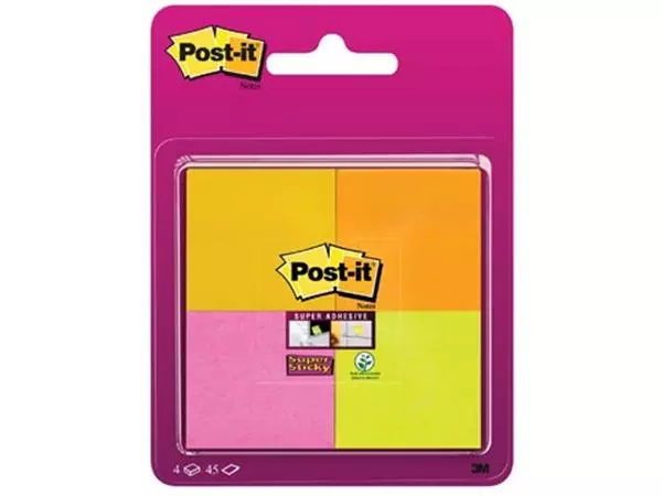Een Post-It Super Sticky notes, 45 vel, ft 47,6 x 47,6 mm, blister van 4 blokken in geassorteerde kleuren koop je bij ShopXPress