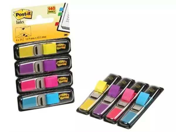 Een Post-it Index Smal, 4 x 35 tabs, geel, paars, roze en helderblauw koop je bij ShopXPress