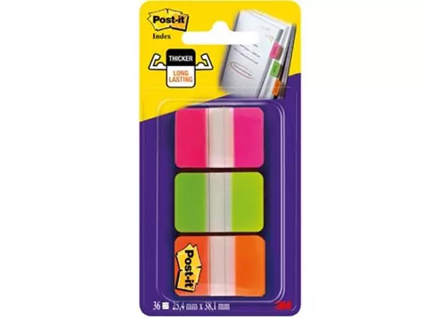 Een Post-it Index Strong, ft 25,4 x 38 mm, set van 3 kleuren (roze, groen en oranje), 12 tabs per kleur koop je bij ShopXPress