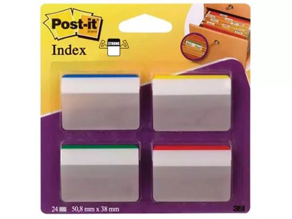 Een Post-it Index Strong, ft 50,8 x 38 mm, voor hangmappen, set van 24 tabs, 4 kleuren, 6 tabs per kleur koop je bij ShopXPress