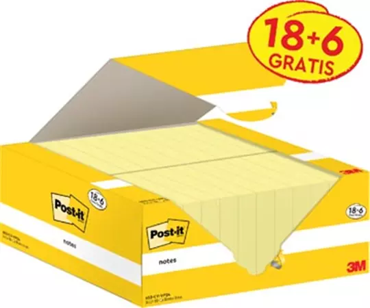 Een Post-it Notes, 100 vel, ft 38 x 51 mm, kanariegeel (canary yellow), 18 blokken + 6 GRATIS koop je bij ShopXPress