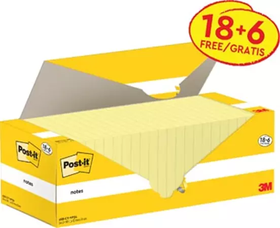 Een Post-it Notes, 100 vel, ft 76 x 127 mm, kanariegeel (canary yellow), 18 blokken + 6 GRATIS koop je bij ShopXPress