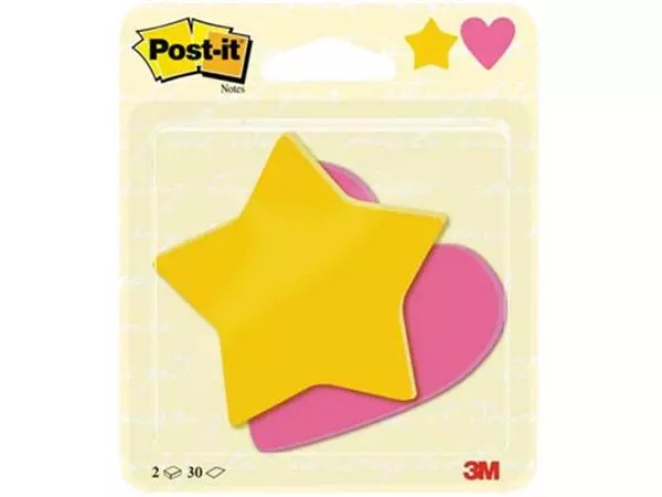 Een Post-it Notes, 2 x 30 vel, ft 70 x 72 mm, ster ultra geel, hart power roze koop je bij ShopXPress