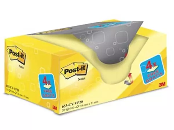 Een Post-it Notes, ft 38 x 51 mm, geel, blok van 100 vel, pak van 16 + 4 gratis koop je bij Supplierz BV