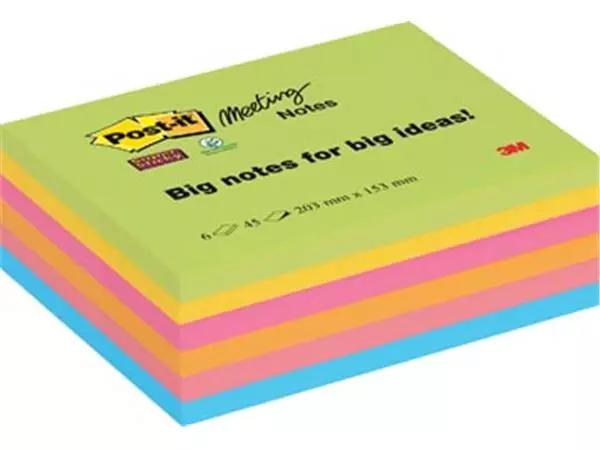 Een Post-it Super Sticky Meeting notes, 45 vel, ft 203 x 153 mm, geassorteerde kleuren, pak van 6 blokken koop je bij ShopXPress