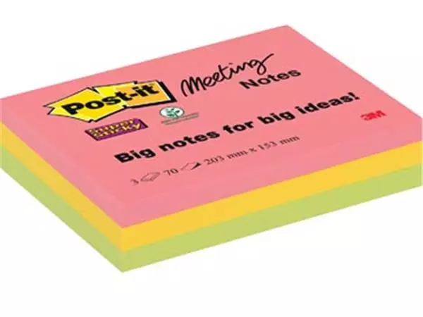 Een Post-it Super Sticky Meeting notes, 70 vel, ft 203 x 153 mm, geassorteerde kleuren, pak van 3 blokken koop je bij ShopXPress