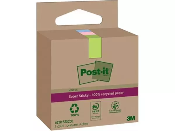 Een Post-it Super Sticky Notes Recycled, 70 vel, ft 47,6 x 47,6 mm, assorti, pak van 3 blokken koop je bij ShopXPress