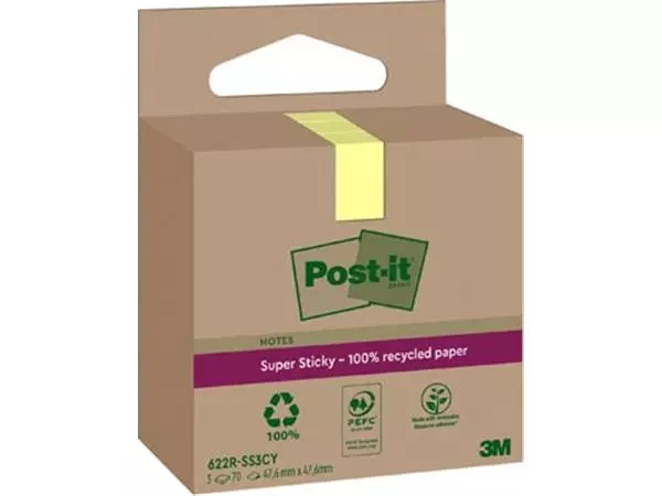 Een Post-it Super Sticky Notes Recycled, 70 vel, ft 47,6 x 47,6 mm, geel, pak van 3 blokken koop je bij ShopXPress