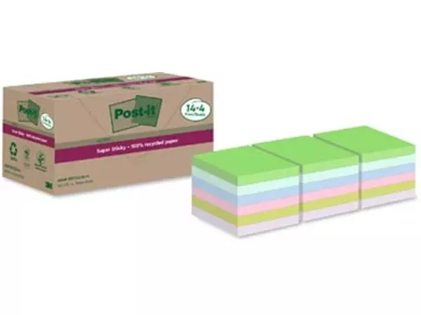 Een Post-it Super Sticky Notes Recycled, 70 vel, ft 76 x 76 mm, assorti, 14 + 4 GRATIS koop je bij ShopXPress