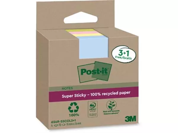 Een Post-it Super Sticky Notes Recycled, 70 vel, ft 76 x 76 mm, assorti, 3 + 1 GRATIS koop je bij ShopXPress