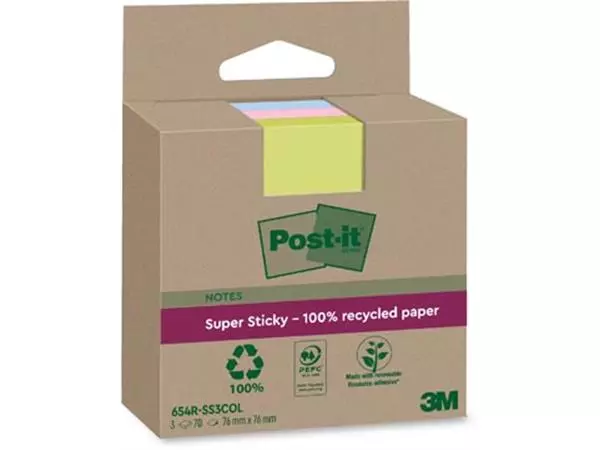 Een Post-it Super Sticky Notes Recycled, 70 vel, ft 76 x 76 mm, assorti, pak van 3 blokken koop je bij ShopXPress