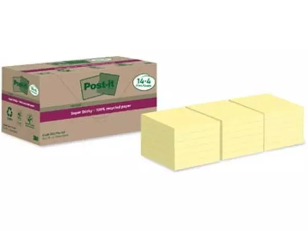 Een Post-it Super Sticky Notes Recycled, 70 vel, ft 76 x 76 mm, geel, 14 + 4 GRATIS koop je bij ShopXPress
