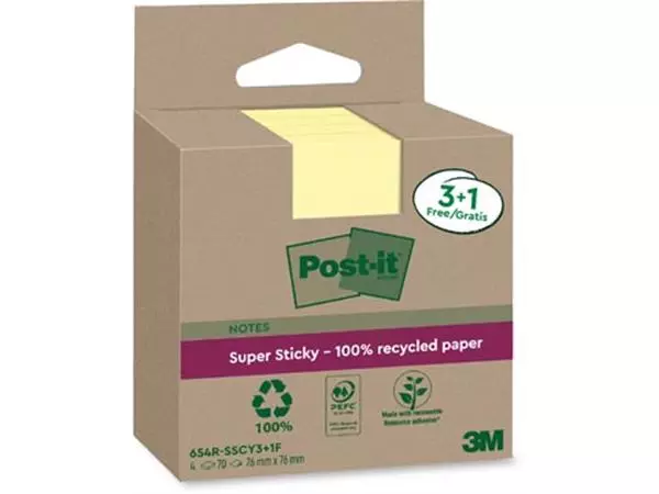 Een Post-it Super Sticky Notes Recycled, 70 vel, ft 76 x 76 mm, geel, 3 + 1 GRATIS koop je bij ShopXPress