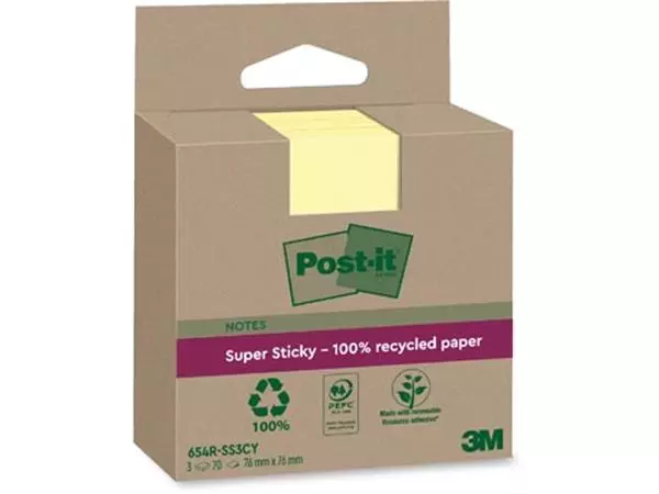 Een Post-it Super Sticky Notes Recycled, 70 vel, ft 76 x 76 mm, geel, pak van 3 blokken koop je bij ShopXPress