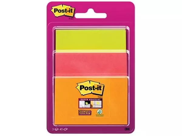 Een Post-it Super Sticky notes, 45 vel, 3 formaten, geassorteerde neon kleuren , op blister koop je bij ShopXPress
