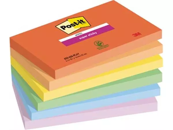 Een Post-it Super Sticky notes Playful, 90 vel, ft 76 x 127 mm, geassorteerde kleuren, pak van 6 blokken koop je bij ShopXPress