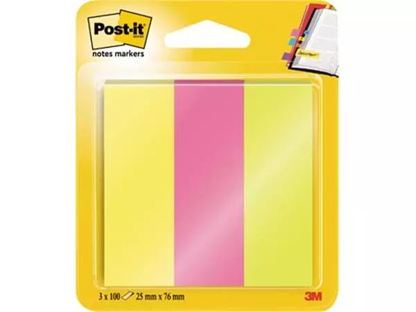 Een Post-it notes markers, ft 25 x 76 mm, blister met 3 x 100 vel, geassorteerde kleuren koop je bij ShopXPress