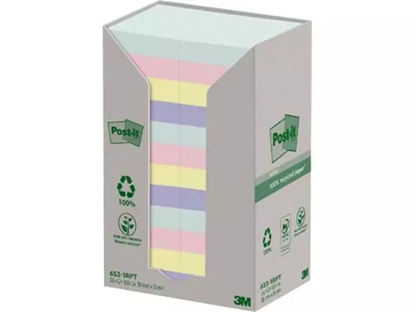 Een Post-it recycled notes Nature, 100 vel, ft 38 x 51 mm, pak van 24 blokken, geassorteerde kleuren koop je bij ShopXPress