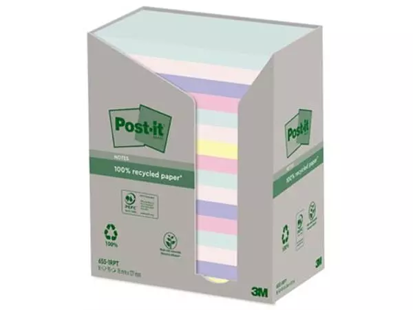 Een Post-it recycled notes Nature, 100 vel, ft 76 x 127 mm, pak van 16 blokken, geassorteerde kleuren koop je bij ShopXPress