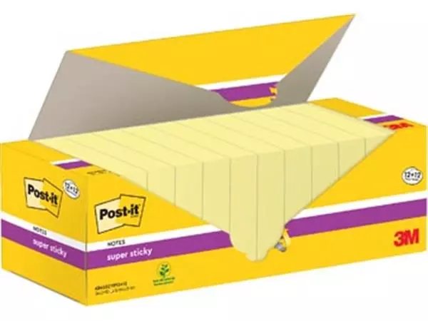 Een Post-it super Sticky notes, 90 vel, ft 76 x 76 mm, geel, pak van 12 blokken + 12 gratis koop je bij ShopXPress