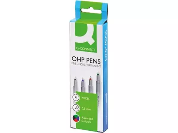 Een Q-CONNECT OHP marker, non permanent, fijn, set van 4 stuks in geassorteerde kleuren koop je bij ShopXPress