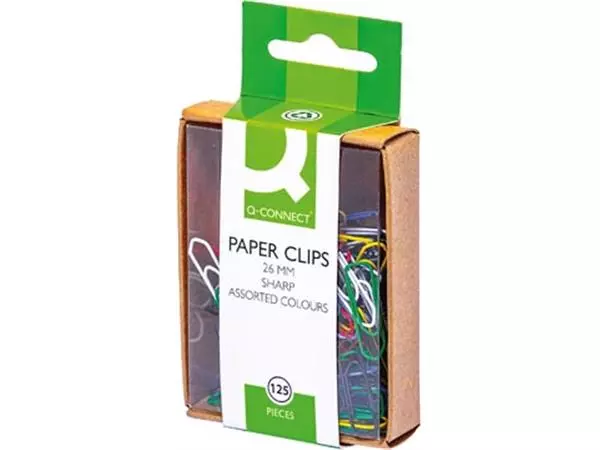 Een Q-CONNECT papierklemmen, 26 mm, gekleurd, doos van 125 stuks, ophangbaar koop je bij ShopXPress