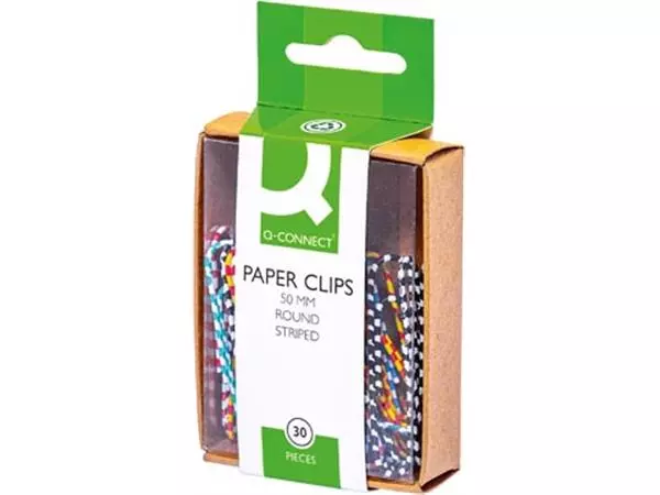 Een Q-CONNECT papierklemmen, 50 mm, doos van 30 stuks, gestreept in wit en geassorteerde kleuren koop je bij ShopXPress