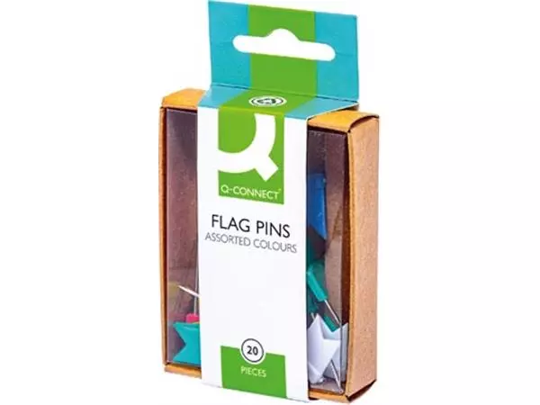 Een Q-CONNECT vlagspelden, geassorteerde kleuren, doosje van 20 stuks koop je bij ShopXPress