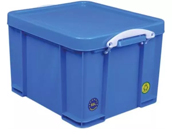 Een Really Useful Box opbergdoos 35 liter, neonblauw met witte handvaten koop je bij ShopXPress