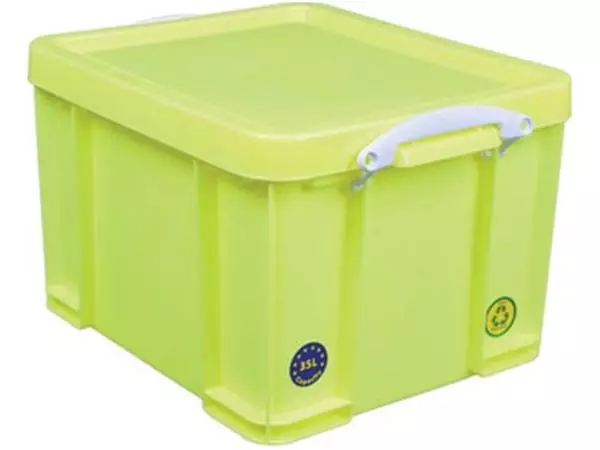 Een Really Useful Box opbergdoos 35 liter, neongeel met witte handvaten koop je bij ShopXPress