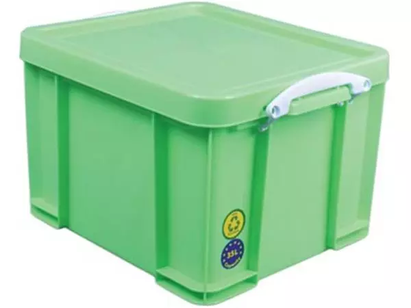 Een Really Useful Box opbergdoos 35 liter, neongroen met witte handvaten koop je bij ShopXPress