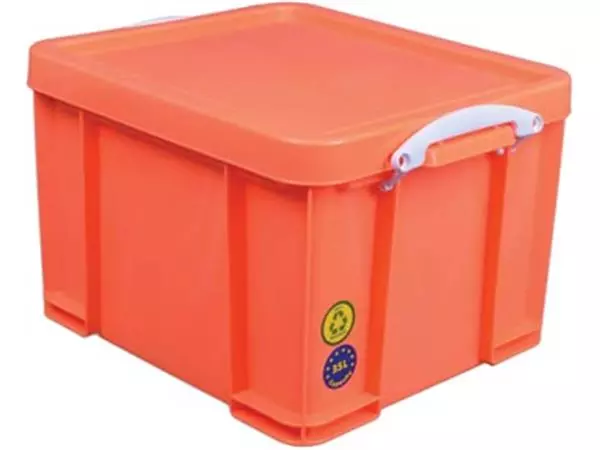 Een Really Useful Box opbergdoos 35 liter, neonoranje met witte handvaten koop je bij ShopXPress