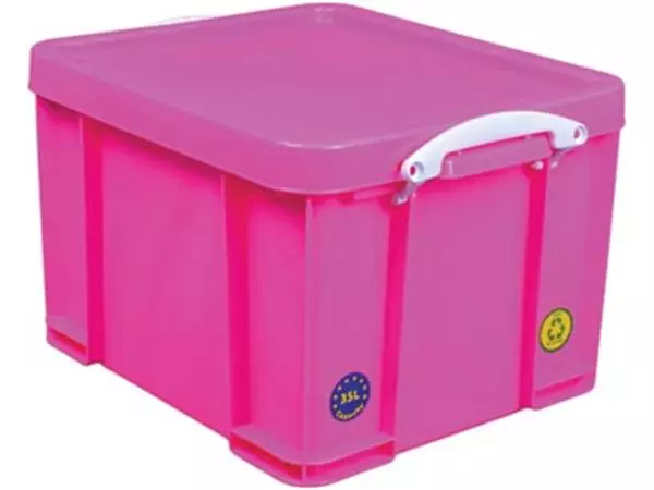 Een Really Useful Box opbergdoos 35 liter, neonroze met witte handvaten koop je bij ShopXPress