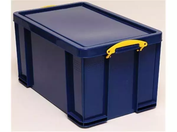 Een Really Useful Box opbergdoos 84 liter, donkerblauw met gele handvaten koop je bij ShopXPress