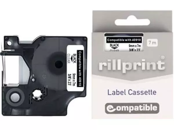 Een Rillprint compatible D1 tape voor Dymo 40910, 9 mm, zwart op transparant koop je bij ShopXPress