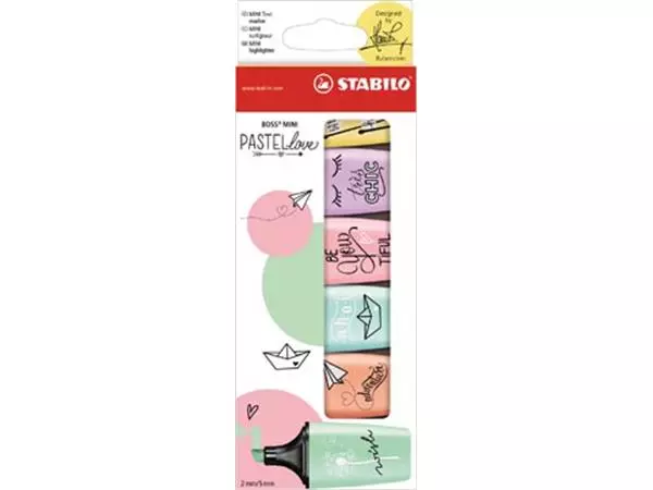 Een STABILO BOSS MINI Pastellove markeerstift, doosje van 6 stuks in geassorteerde pastelkleuren koop je bij ShopXPress