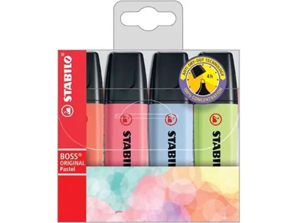 Een STABILO BOSS ORIGINAL Pastel markeerstift, etui van 4 stuks in geassorteerde kleuren koop je bij ShopXPress