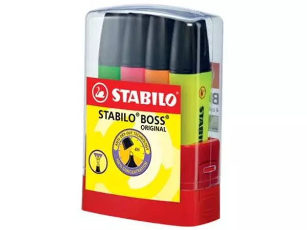 Een STABILO BOSS ORIGINAL markeerstift, Desk set Parade van 4 stuks in geassorteerde kleuren koop je bij ShopXPress