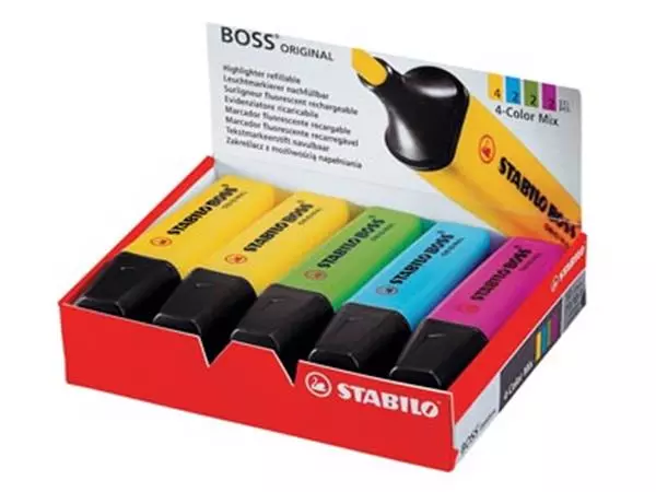 Een STABILO BOSS ORIGINAL markeerstift, doos van 10 stuks in geassorteerde kleuren koop je bij ShopXPress